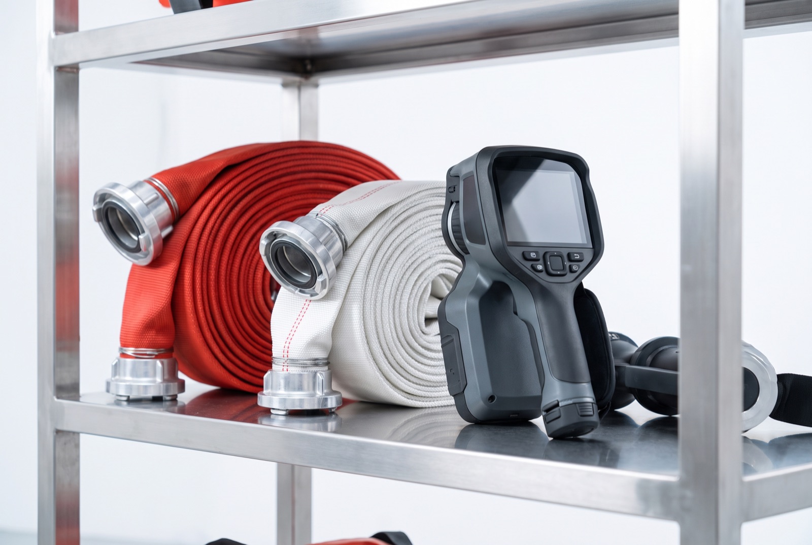 Feuerwehrschläuche mit Kupplungen und eine Wärmebildkamera, ordentlich im Regal